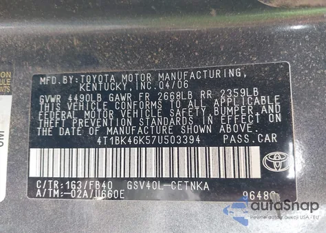 2007 Toyota Camry Le V6 z USA, uszkodzony, nr VIN 4T1BK46K57U503394